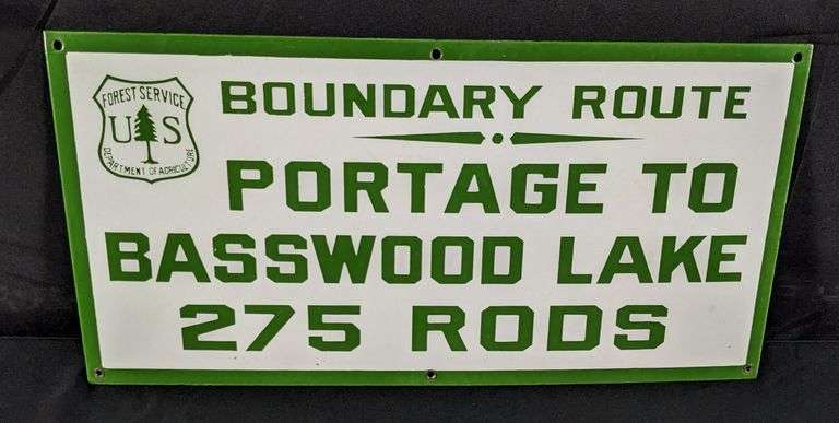 PORCELAIN SIGN US FOREST SERVICE BOUNDARY ROUTE PORTAGE TO BASSWOOD LAKE 275 RODS (ELY MINNESOTA AREA)
