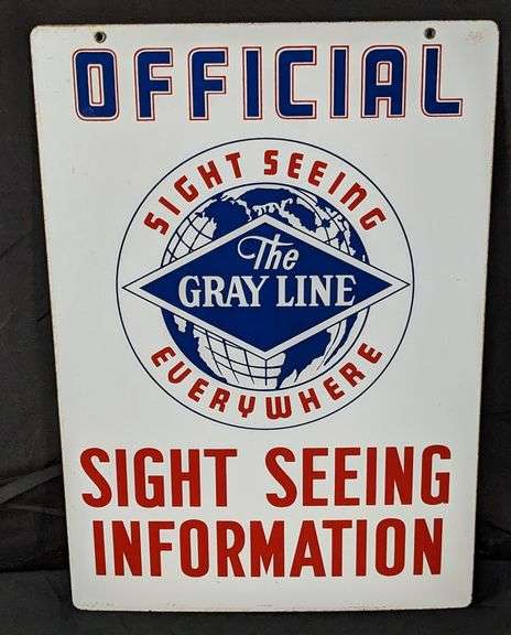 PORCELAIN GRAY LINE TOUR BUS COMPANY SIGN OFFICIAL SIGHT SEEING INFORMATION (2 SIDED)