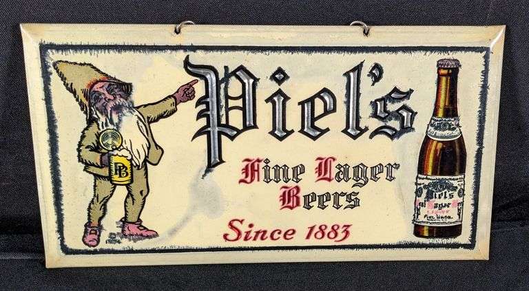 CELLULOID OVER TIN BEER SIGN PIEL'S FINE LAGER BEERS