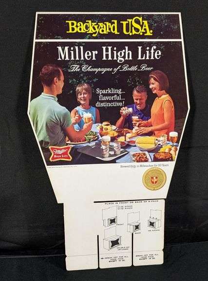 NOS CARDSTOCK 6 PACK DISPLAY SIGN BACKYARD USA MILLER HIGH LIFE BEER