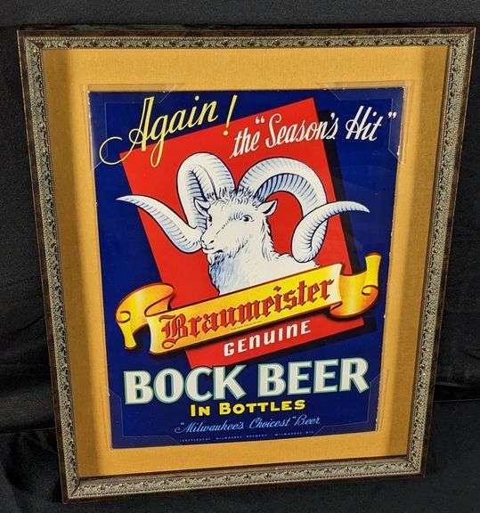 CARDSTOCK SIGN AGAIN! "THE SEASON'S HIT" BRAUMEISTER GENUINE BOCK BEER IN BOTTLES MILWAUKEE WISCONSI