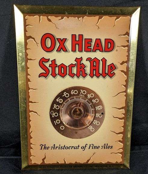 TOC TIN BEER SIGN THERMOMETER OX HEAD STOCK ALE