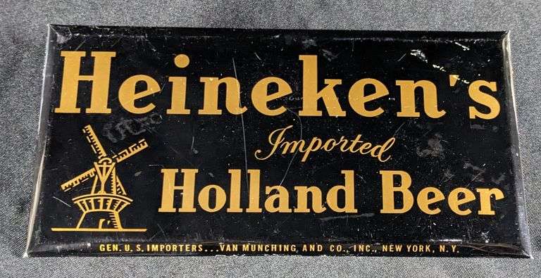 CELLULOID OVER TIN SIGN HEINEKEN'S IMPORTED HOLLAND BEER