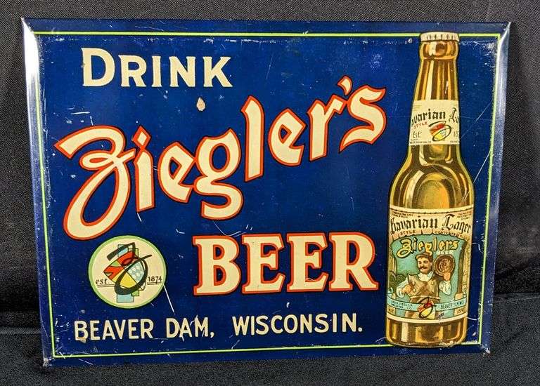 TOC TIN SIGN DRINK ZIEGLERS BEER BEAVER DAM WISCONSIN