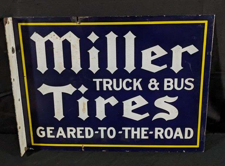 PORCELAIN FLANGE SIGN MILLER TRUCK & BUS TIRES GEARED TO THE ROAD