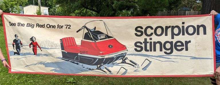 LARGE 1972 SCORPION STINGER SNOWMOBILES BANNER SIGN "SEE THE BIG RED ONE FOR '72"