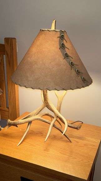Antler Table Lamp, Brown Leather Shade, 20x16 in, E26 Bulb