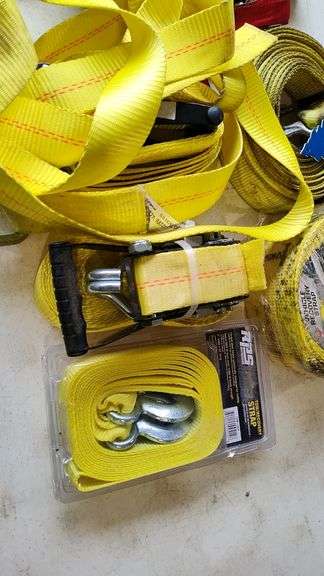 TRS Ratchet Straps and 30,000 lbs Tow Strap, Yellow and Red