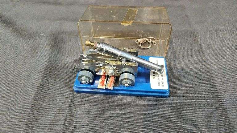 Miniature Cannon Replica, Metal and Plastic, Silver and Blue