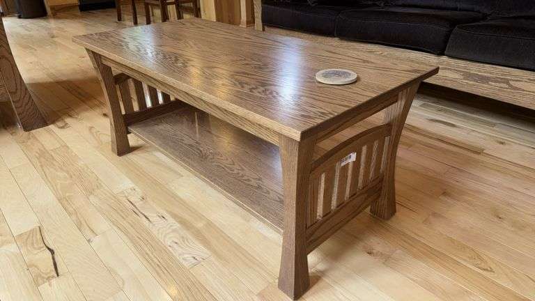 Mission Style Oak Coffee Table with Lower Shelf, Brown Finish