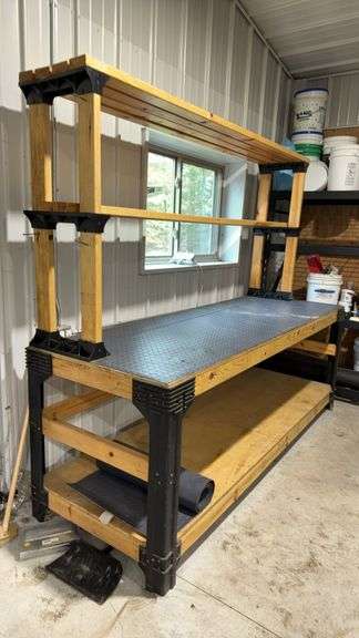 Workbench/Shelving Unit, 3 Shelves, Wood and Metal Construction