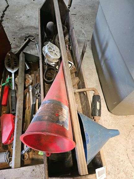 Toolbox with Assorted Hand Tools, Red Metal and Wood, Funnels Included