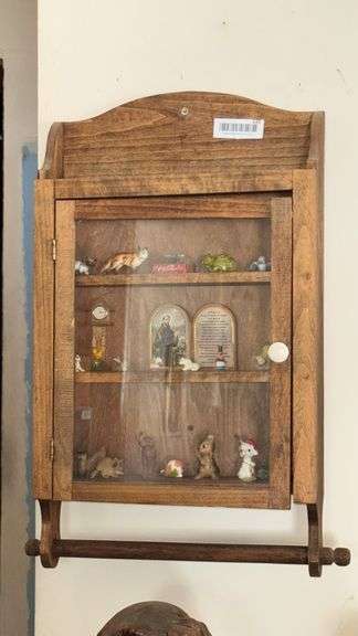 Wooden Display Cabinet with Glass Door and Figurines, 3 Shelves, Brown