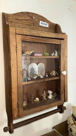 Wooden Display Cabinet with Glass Door and Figurines, 3 Shelves, Brown