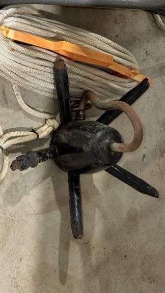 Grapnel Boat Anchor with Rope, Metal Construction, 10 lbs