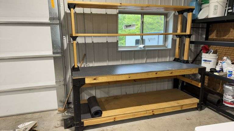 Workbench/Shelving Unit, 3 Shelves, Wood and Metal Construction