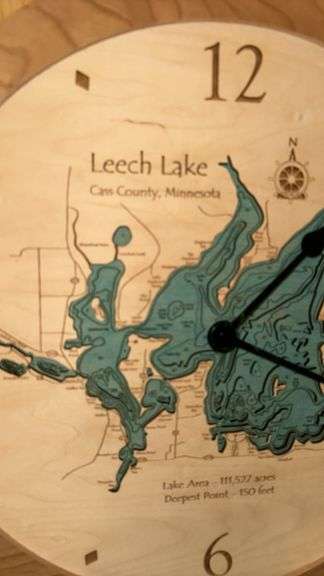 Wall Clock with Leech Lake Map Design, Wood Material, 12-Hour Face