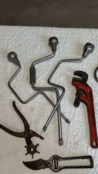 Vintage Hand Tools Set with Brace Drills, Pipe Wrench, Pliers, Pruning Shears