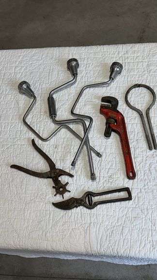 Vintage Hand Tools Set with Brace Drills, Pipe Wrench, Pliers, Pruning Shears