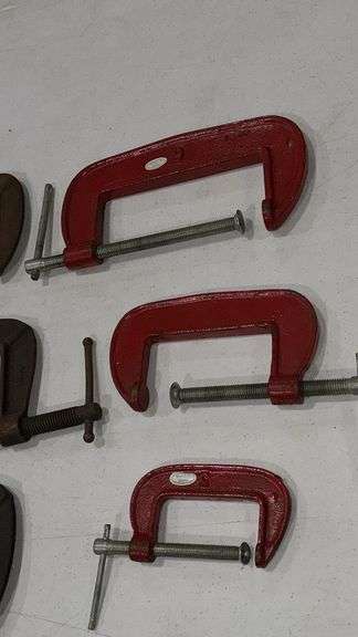 Assorted Ductile Iron C-Clamps, Red and Uncoated, Various Sizes