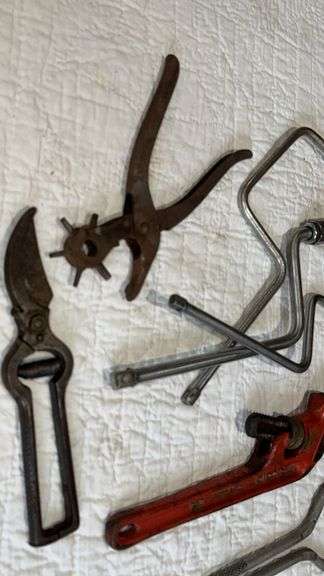 Vintage Hand Tools Set with Brace Drills, Pipe Wrench, Pliers, Pruning Shears