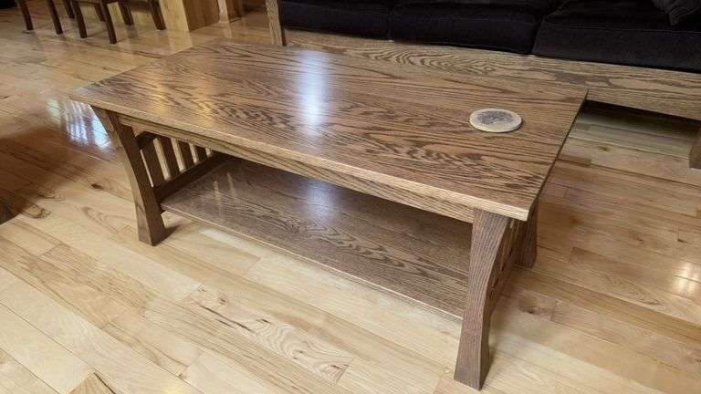 Mission Style Oak Coffee Table with Lower Shelf, Brown Finish