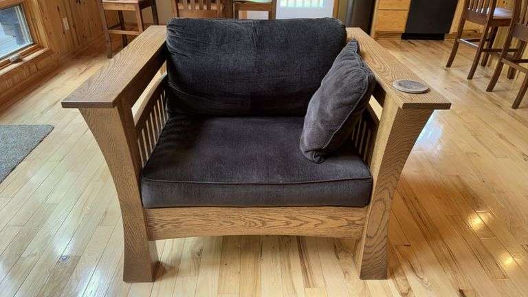 Mission Style Oak Armchair, Solid Wood, Dark Brown/Gray Fabric
