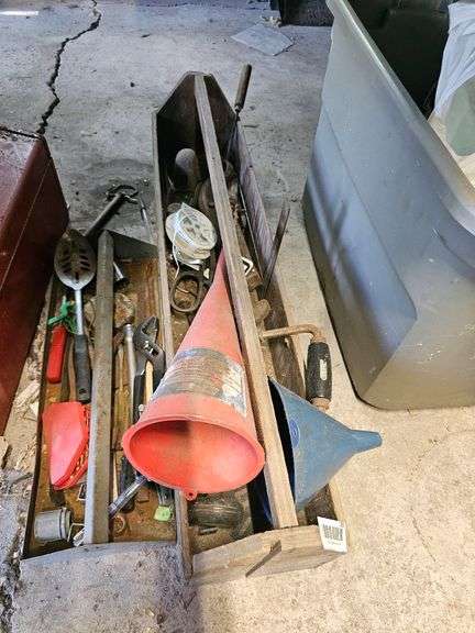 Toolbox with Assorted Hand Tools, Red Metal and Wood, Funnels Included