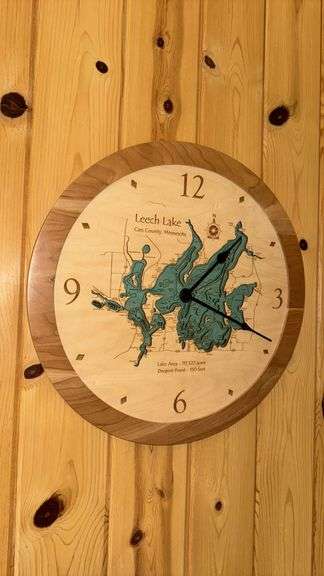 Wall Clock with Leech Lake Map Design, Wood Material, 12-Hour Face