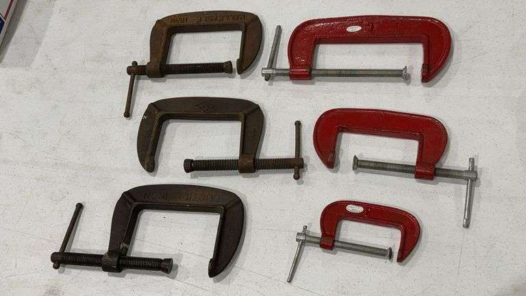 Assorted Ductile Iron C-Clamps, Red and Uncoated, Various Sizes
