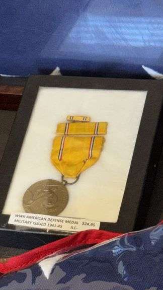 WWII American Defense Medal, Vietnam Veteran Cap, Flag in Display Case