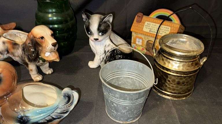Vintage Multicolor Ceramic & Metal Planters and Figurine Set