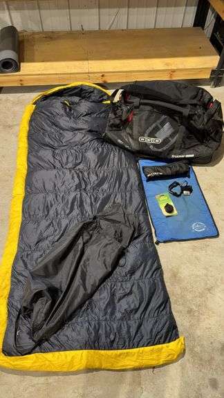 OGIO Trucker 8800 Duffel Bag, Sleeping Bag, Headlamp, Nite Ize Strap