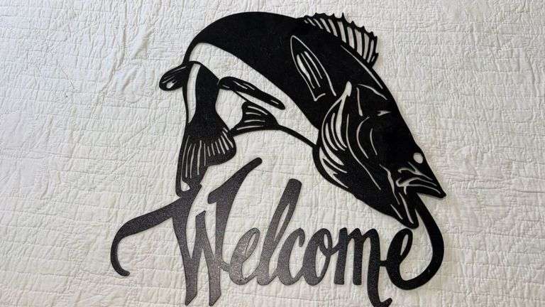 Metal Fish Welcome Wall Art, Black Matte Finish, Metal Material