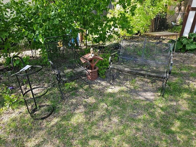 Outdoor Metal Patio Furniture Set with Bench, Chair, and Small WIshing Well with Plastic Squirrel De