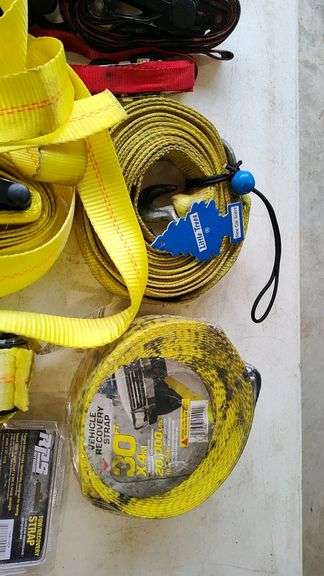 TRS Ratchet Straps and 30,000 lbs Tow Strap, Yellow and Red