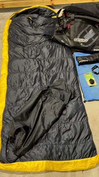 OGIO Trucker 8800 Duffel Bag, Sleeping Bag, Headlamp, Nite Ize Strap
