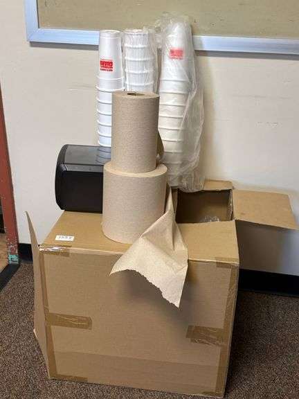 Lot of Paper Towels, Cups & Dispenser, Styrofoam Cups, 2 Rolls ...