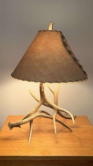 Antler Table Lamp, Brown Leather Shade, 20x16 in, E26 Bulb