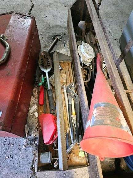 Toolbox with Assorted Hand Tools, Red Metal and Wood, Funnels Included
