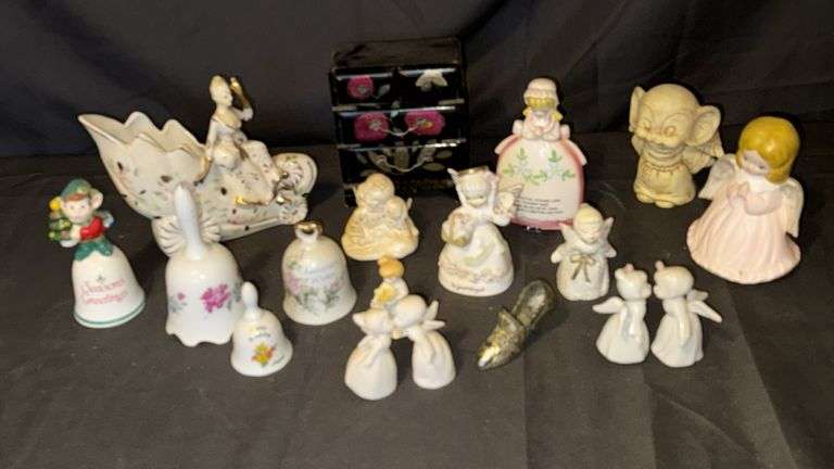 Porcelain Figurines Collection, 14 Pieces, Bells & Angels, Holiday Theme