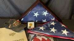 WWII American Defense Medal, Vietnam Veteran Cap, Flag in Display Case