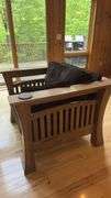 Mission Style Oak Armchair, Solid Wood, Dark Brown/Gray Fabric