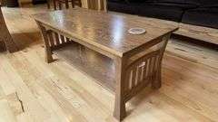Mission Style Oak Coffee Table with Lower Shelf, Brown Finish