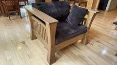 Mission Style Oak Armchair, Solid Wood, Dark Brown/Gray Fabric