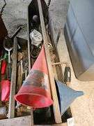 Toolbox with Assorted Hand Tools, Red Metal and Wood, Funnels Included