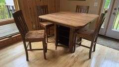 Tall Square Wooden Dining Table Set with 6 Chairs, Built-in Storage Cabinets