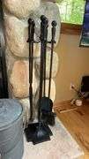 Black Metal Fireplace Tool Set & Ash Bucket, Includes Poker, Tongs, Shovel, Brush
