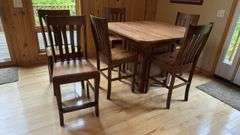 Tall Square Wooden Dining Table Set with 6 Chairs, Built-in Storage Cabinets