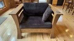 Mission Style Oak Armchair, Solid Wood, Dark Brown/Gray Fabric